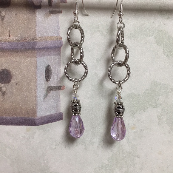 Long pastel lavender & silver rope hoops earrings - Picture 2 of 6